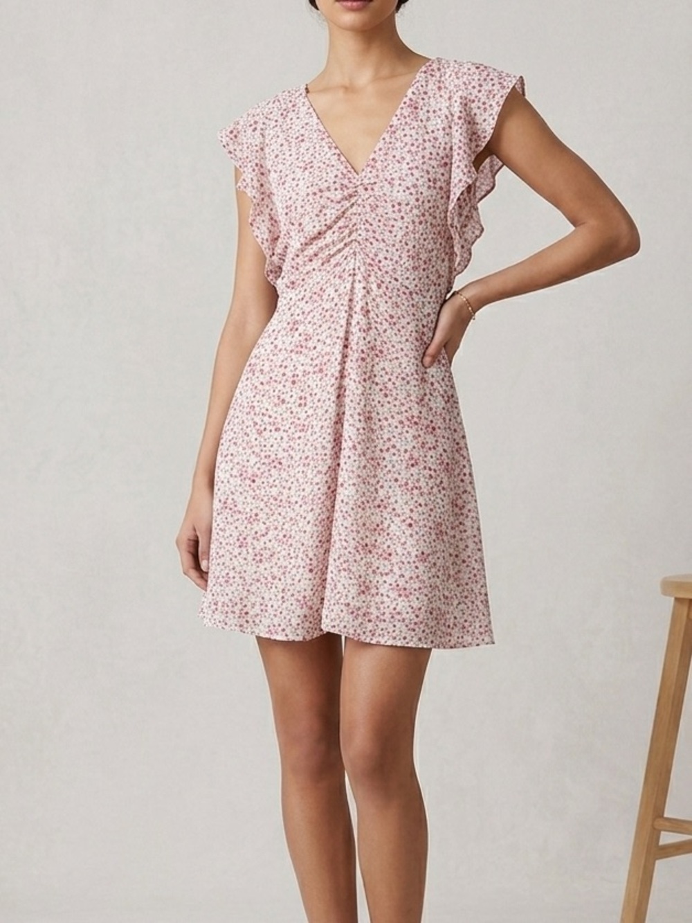 Monteau Flutter Sleeve Pink Summer Girly Floral V-Neck Mini Dress Size Medium